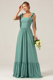 A Line Eucalyptus Chiffon Long Bridesmaid Dress with Pleated