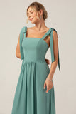 A Line Eucalyptus Chiffon Long Bridesmaid Dress with Pleated