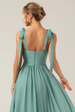 A Line Eucalyptus Chiffon Long Bridesmaid Dress with Pleated