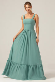 A Line Eucalyptus Chiffon Long Bridesmaid Dress with Pleated