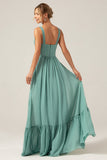 A Line Eucalyptus Chiffon Long Bridesmaid Dress with Pleated