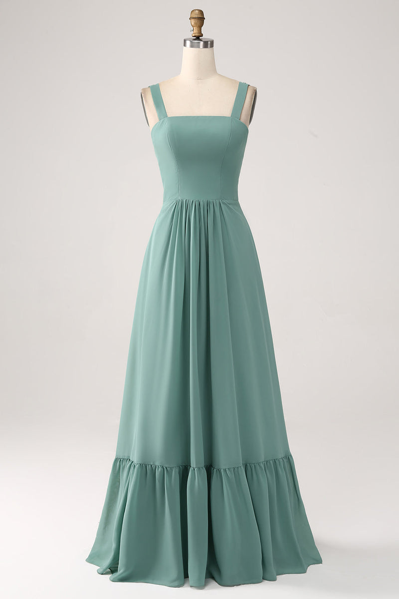 Load image into Gallery viewer, A Line Chiffon Green Long Bridesmaid Dress with Pleated