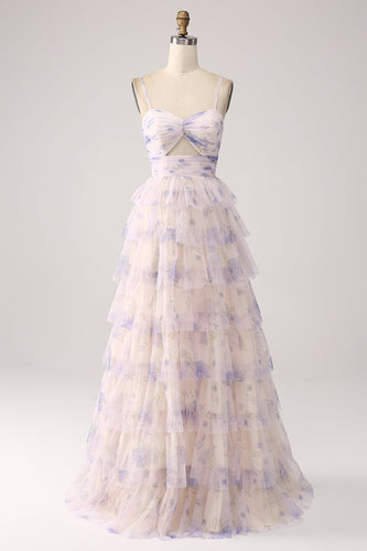 Lavender Flower Tiered Princess Prom Dress with Pleated
