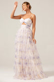 Lavender Flower Princess Spaghetti Straps Tiered Prom Dress