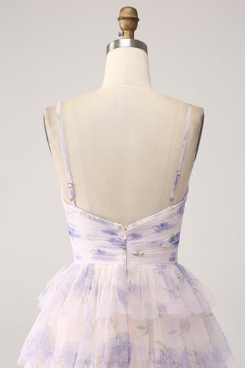 Lavender Flower Tiered Princess Prom Dress with Pleated