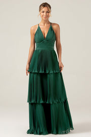 A-Line Tiered Chiffon Dark Green Long Pleated Bridesmaid Dress