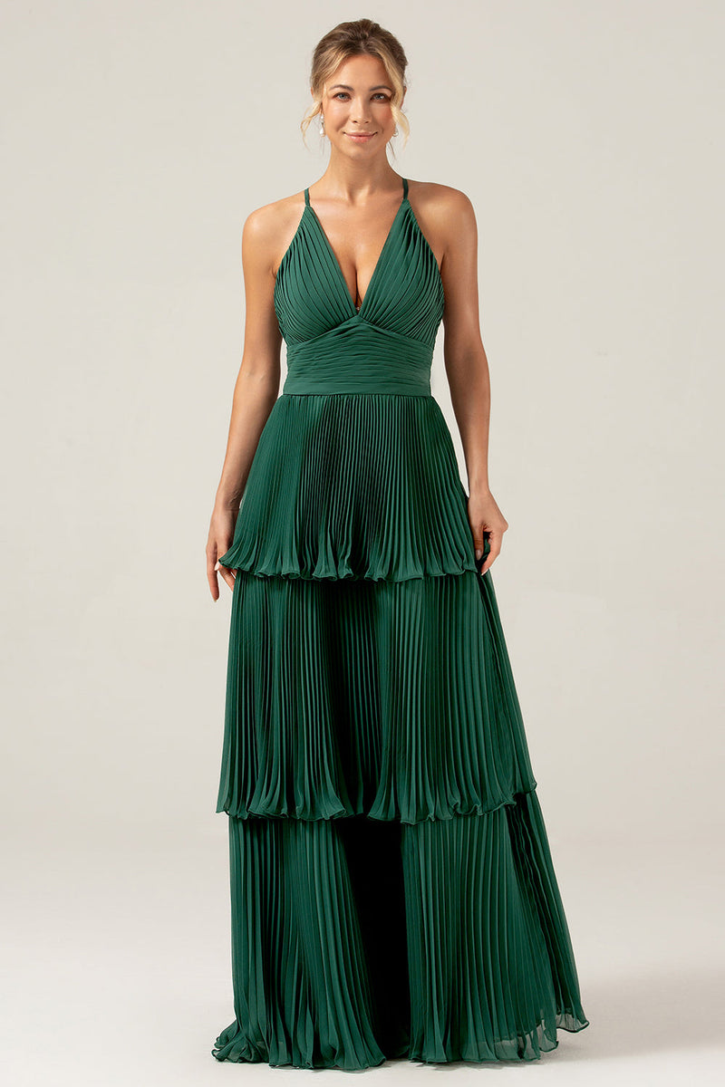 Load image into Gallery viewer, A-Line Tiered Chiffon Dark Green Long Pleated Bridesmaid Dress