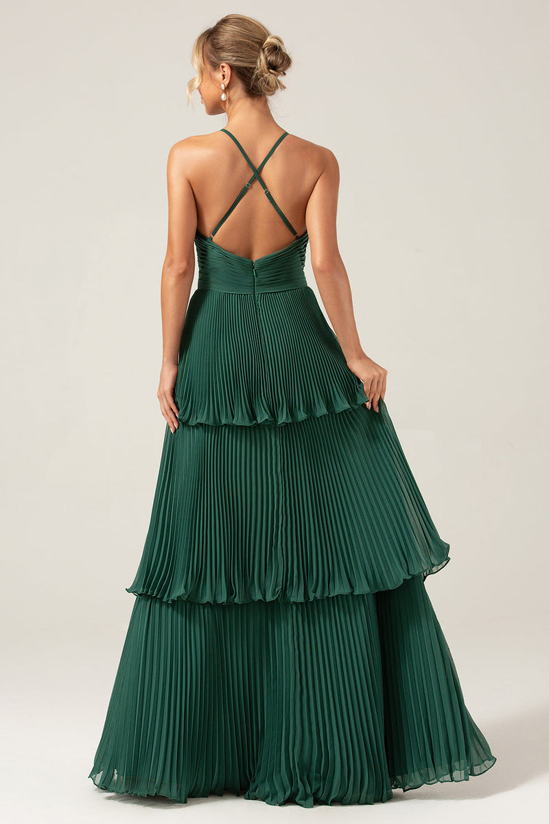 Load image into Gallery viewer, A-Line Tiered Chiffon Dark Green Long Pleated Bridesmaid Dress