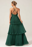 A-Line Tiered Chiffon Dark Green Long Pleated Bridesmaid Dress