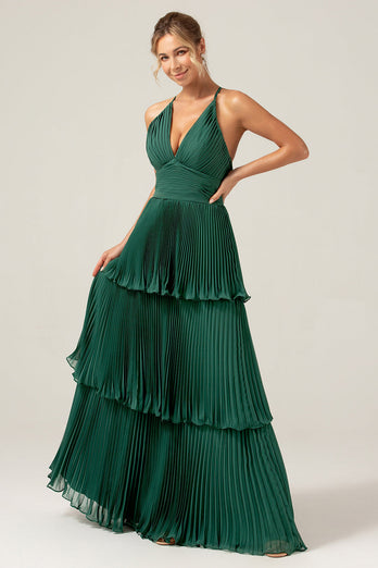 A-Line Tiered Chiffon Dark Green Long Pleated Bridesmaid Dress
