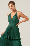 A-Line Tiered Chiffon Dark Green Long Pleated Bridesmaid Dress