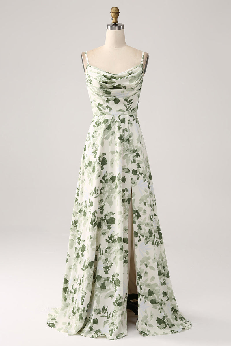 Load image into Gallery viewer, Cowl Neck Green Floral A Line Prom Dress with Slit