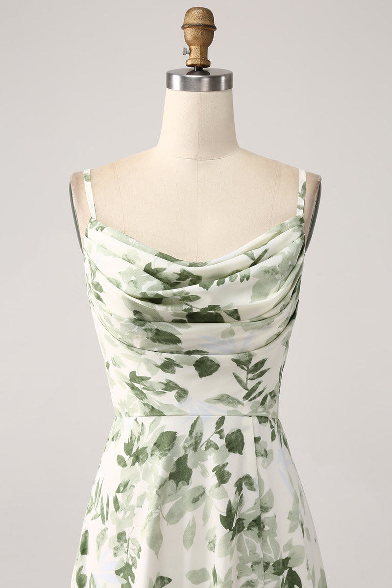 Load image into Gallery viewer, Cowl Neck Green Floral A Line Prom Dress with Slit