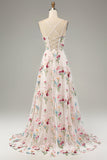 Ivory Flower A-Line Spaghetti Straps Corset Long Prom Dress With Slit