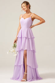 Lilac A Line Spaghetti Straps Tiered Chiffon Bridesmaid Dress with Slit