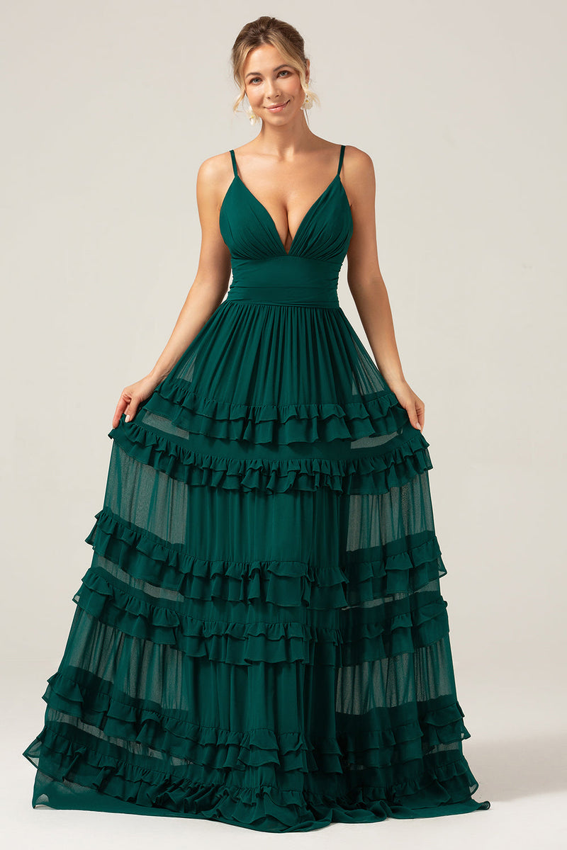 Load image into Gallery viewer, Dark Green A Line Spaghetti Straps Tiered Prom Dress
