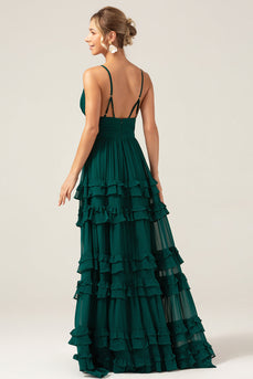 Dark Green A Line Spaghetti Straps Tiered Prom Dress