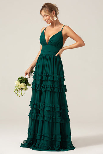 Dark Green A Line Spaghetti Straps Tiered Prom Dress