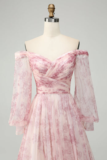 Blush Flower A-Line Off The Shoulder Print Prom Dress With Slit