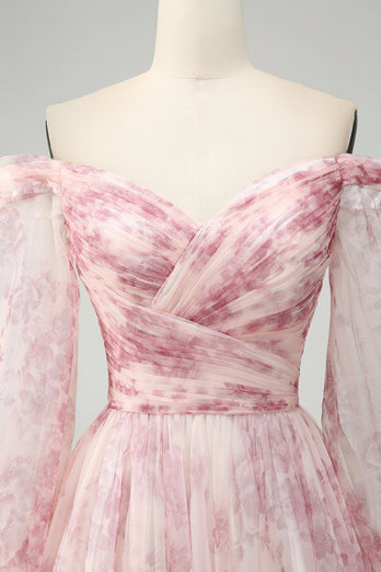 Blush Flower A-Line Off The Shoulder Print Prom Dress With Slit