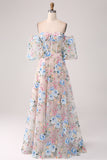 A-Line Apricot Flower Off the Shoulder Long Corset Prom Dress