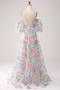 A-Line Apricot Flower Off the Shoulder Long Corset Prom Dress