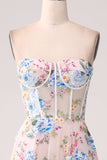 A-Line Apricot Flower Off the Shoulder Long Corset Prom Dress