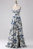 Load image into Gallery viewer, Pleated Blue Printed Corset Long Prom Dress with Slit