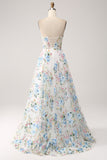 Ivory Flower A-Line Strapless Long Corset Prom Dress