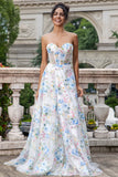 White Blue Flower A Line Sweetheart Corset Long Prom Dress with Slit