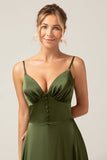 A-Line Spaghetti Straps Olive Satin Long Bridesmaid Dress with Slit