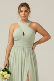 Dusty Sage A Line Halter Chiffon Pleated Long Plus Size Bridesmaid Dress with Slit