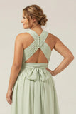 Dusty Sage A Line Halter Chiffon Pleated Long Plus Size Bridesmaid Dress with Slit