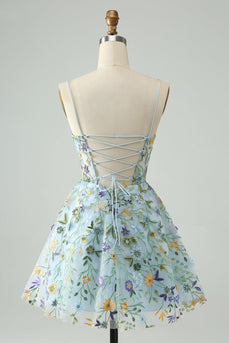 Elegant Blue Flower A Line Corset Short Homecoming Dress with Embroidery