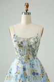 Elegant Blue Flower A Line Corset Short Homecoming Dress with Embroidery