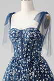 Navy A Line Spaghetti Straps Print Corset Short Homecoming Dress