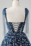 Navy A Line Spaghetti Straps Print Corset Short Homecoming Dress