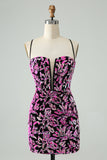 Sparkly Fuchsia Bodycon Spaghetti Straps Sequins Short Homecoming Dress