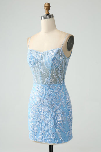 Sparkly Sky Blue Spaghetti Straps Beaded Short Homecoming Dress