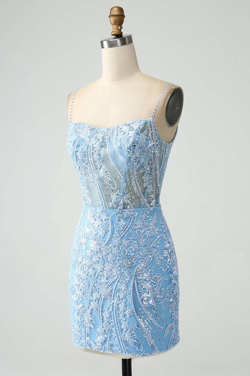 Load image into Gallery viewer, Sparkly Sky Blue Spaghetti Straps Beaded Short Homecoming Dress