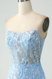 Sparkly Sky Blue Spaghetti Straps Beaded Short Homecoming Dress