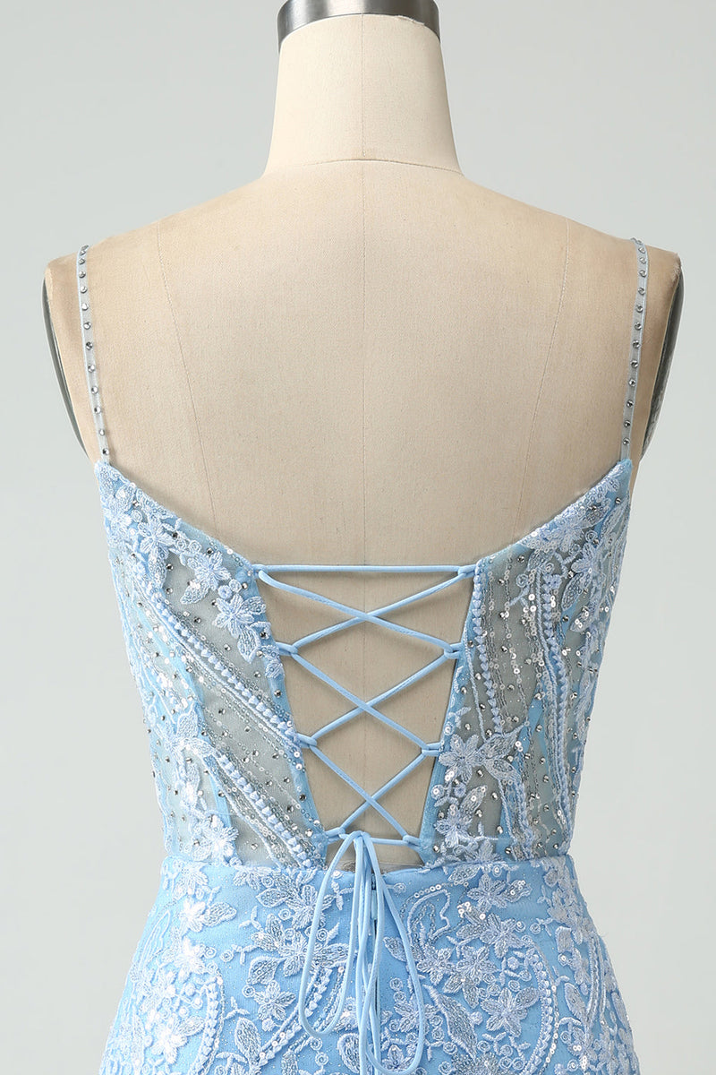 Load image into Gallery viewer, Sparkly Sky Blue Spaghetti Straps Beaded Short Homecoming Dress