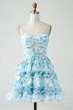 A-Line Tiered Blue Floral Cut Out Short Prom Dress