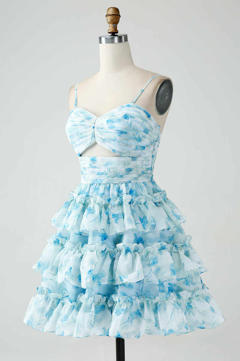 Load image into Gallery viewer, A-Line Spaghetti Straps Tiered Blue Floral Short Homecoming Dress