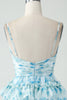 Load image into Gallery viewer, A-Line Spaghetti Straps Tiered Blue Floral Short Homecoming Dress