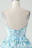 A-Line Spaghetti Straps Tiered Blue Floral Short Homecoming Dress