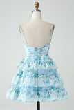 A-Line Tiered Blue Floral Cut Out Short Prom Dress