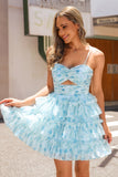 A-Line Tiered Blue Floral Cut Out Short Prom Dress