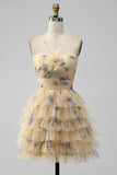 Cute Yellow A Line Halter Tiered Short Tulle Homecoming Dress