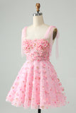 Cute Pink A Line Spaghetti Straps Short Homecoming Dress with 3D Flowers